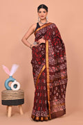 Maroon & Off-White Paisley Motifs Hand Block Printed Maheshwari Silk Saree With Blouse Piece