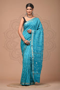 Sky Blue & Off-White Floral Buti Hand Block Printed Maheshwari Silk Saree With Blouse Piece