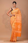 Mustard Yellow & Off-White Floral Buti Hand Block Printed Maheswari Silk Saree With Blouse Piece