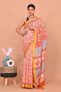 Mustard Yellow & Off-White Floral Jaal Hand Block Printed Maheswari Silk Saree With Blouse Piece