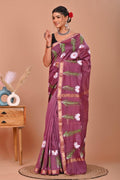 Mauve & White Floral Motif Hand Block Printed Maheswari Silk Saree With Blouse Piece