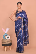 Indigo Blue & White Tie-Dye Pattern Hand Block Printed Maheshwari Silk Saree With Blouse Piece