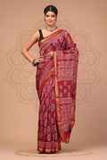 Maroon & Off-White Floral Booti Bagru Hand Block Printed Maheshwari Silk Saree With Blouse Piece