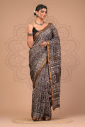 Brown & Off-White Paisley Motifs Hand Block Printed Maheswari Silk Saree With Blouse Piece