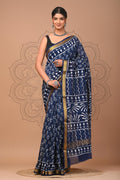 Indigo Blue & Off-White Floral Buti Hand Block Printed Maheshwari Silk Saree With Blouse Piece