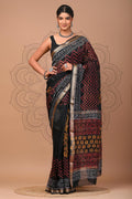 Black & Maroon Geometric Chevron Hand Block Printed Maheshwari Silk Saree With Blouse Piece