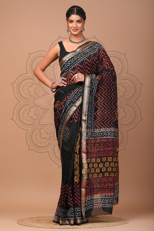 Black & Maroon Geometric Chevron Hand Block Printed Maheshwari Silk Saree With Blouse Piece