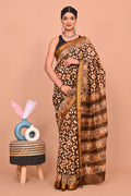 Brown & Beige Geometric Motif Hand Block Printed Maheswari Silk Saree With Blouse Piece