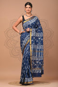 Indigo Blue & Off-White Geometric Motif Hand Block Printed Maheswari Silk Saree With Blouse Piece