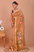 Camel Brown & Pink Floral Motifs Hand Block Printed Maheshwari Silk Saree With Blouse Piece