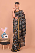 Black & Mustard Yellow Geometric Buti Hand Block Printed Maheshwari Silk Saree With Blouse Piece