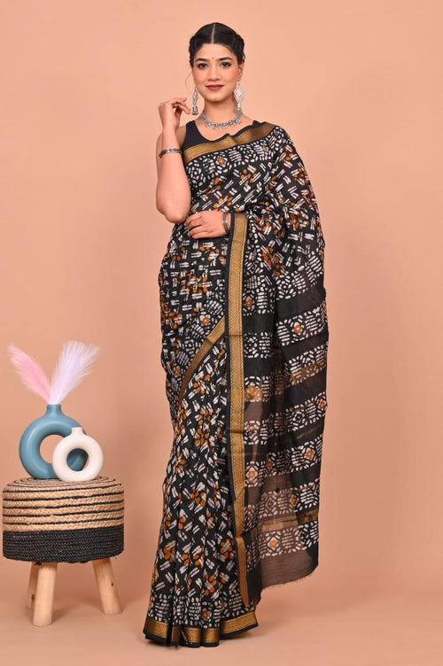 Black & Mustard Yellow Geometric Buti Hand Block Printed Maheshwari Silk Saree With Blouse Piece