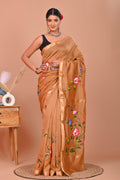 Golden Brown & Multi-Color Floral Motif Hand Block Printed Maheshwari Silk Saree With Blouse Piece