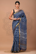 Indigo Blue & Off-White Floral Jaal Bagru Hand Block Printed Maheswari Silk Saree With Blouse Piece