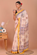 Blue & Yellow Floral Buti Bagru Hand Block Printed Maheshwari Silk Saree With Blouse Piece