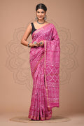 Pink & Off-White Geometric Buti Hand Block Printed Maheshwari Silk Saree With Blouse Piece