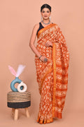 Rust Orange & Cream Floral Buti Hand Block Printed Maheshwari Silk Saree With Blouse Piece