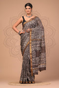 Brown & Off-White Floral Motifs Bagru Hand Block Printed Maheshwari Silk Saree With Blouse Piece