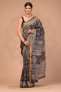 Charcoal Black & Off-White Tree Motif Hand Block Printed Maheswari Silk Saree With Blouse Piece
