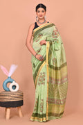 Pistachio Green & Dark Green Floral Motif Hand Block Printed Maheswari Silk Saree With Blouse Piece