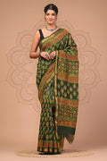 Olive Green & Red Floral Motifs Hand Block Printed Maheshwari Silk Saree With Blouse Piece