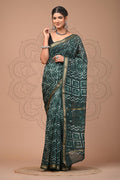 Bottle Green & White Geometric Chevron Bagru Hand Block Printed Maheshwari Silk Saree With Blouse Piece