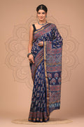 Navy Blue & Red Floral Motifs Hand Block Printed Maheshwari Silk Saree With Blouse Piece