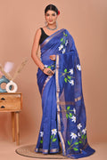 Blue & White Floral Motif Hand Block Printed Maheswari Silk Saree With Blouse Piece