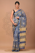 Indigo Blue & Off-White Floral Jaal Bagru Hand Block Printed Maheshwari Silk Saree With Blouse Piece