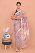 Pink & Blue Floral Jaal Bagru Hand Block Printed Maheswari Silk Saree With Blouse Piece