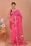 Pink & Multi-Color Floral Motifs Hand Block Printed Maheshwari Silk Saree With Blouse Piece