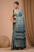 Sage Green & Black Floral Motifs Bagru Hand Block Printed Modal Satin Silk Saree With Blouse Piece