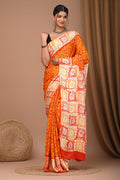Orange & White Sun Motif Bagru Hand Block Printed Modal Satin Silk Saree With Blouse Piece