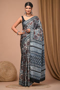 Grey & Indigo Blue Floral Jaal Bagru Hand Block Printed Modal Satin Silk Saree With Blouse Piece
