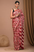 Maroon & Off-White Floral Jaal Bagru Hand Block Printed Modal Satin Silk Saree With Blouse Piece