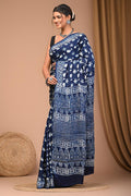 Indigo Blue & Off-White Geometric Buti Bagru Hand Block Printed Modal Satin Silk Saree With Blouse Piece