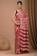 Maroon & Off-White Paisley Motifs Bagru Hand Block Print Modal Satin Silk Saree With Blouse Piece