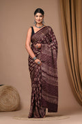 Maroon & Off-White Floral Buti Bagru Hand Block Printed Modal Satin Silk Saree With Blouse Piece