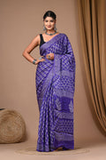Purple & White Leaf Motif Bagru Hand Block Print Modal Satin Silk Saree With Blouse Piece
