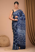 Indigo Blue & White Floral Buti Bagru Hand Block Printed Modal Satin Silk Saree With Blouse Piece