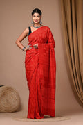 Red & Beige Floral Buti Bagru Hand Block Printed Modal Satin Silk Saree With Blouse Piece