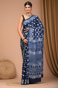 Indigo Blue & White Floral Jaal Bagru Hand Block Printed Modal Satin Silk Saree With Blouse Piece
