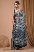Grey & Maroon Floral Motifs Bagru Hand Block Printed Modal Satin Silk Saree With Blouse Piece
