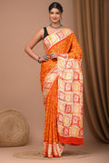 Orange & Off-White Sunburst Motif Bagru Hand Block Print Modal Satin Silk Saree With Blouse Piece