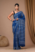 Indigo Blue & White Geometric Chevron Bagru Hand Block Printed Modal Satin Silk Saree With Blouse Piece