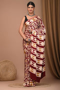 Maroon & Off-White Floral Jaal Bagru Hand Block Printed Modal Satin Silk Saree With Blouse Piece