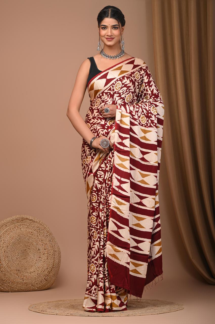 bagru,Modal Satin Silk, bagru saree, saree,hand block saree