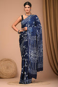 Indigo Blue & White Block Print Modal Satin Silk Saree With Blouse Piece