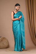 Teal Blue & White Floral Jaal Bagru Hand Block Printed Modal Satin Silk Saree With Blouse Piece