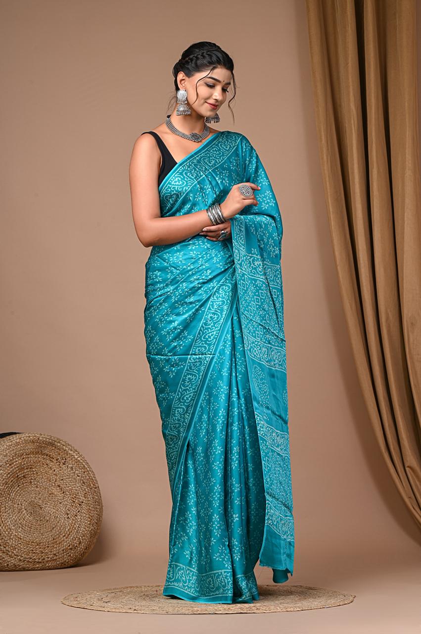 bagru,Modal Satin Silk, bagru saree, saree,hand block saree